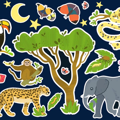 Animal character artwork with the title 'set of stickers for children "Jungle"'