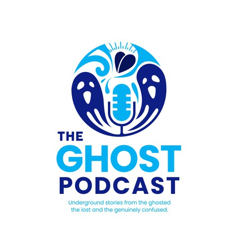 Podcast brand with the title 'The Ghost Podcast is Underground stories from the ghosted, the lost and the genuinely confused relationship.  the logo concept depicts 2 ghosts on a podcast represented by a mic. The surrounding elements are the theme and subject being discussed'