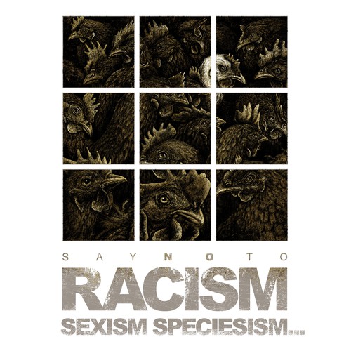Vegetarian t-shirt with the title 'SAY NO TO RACISM, SEXISM, SPECIESISM, ...'