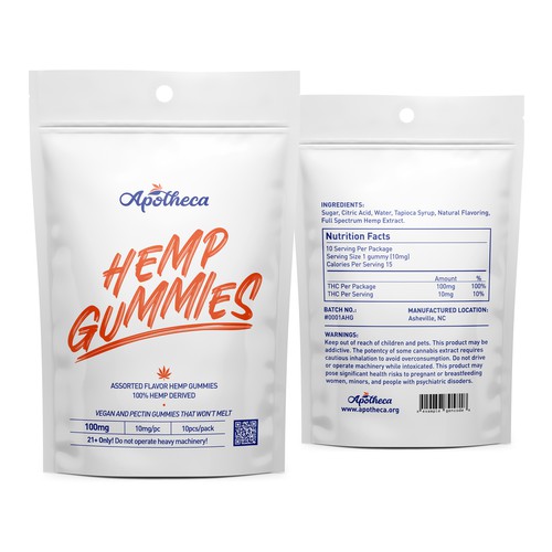 Gummy packaging with the title 'Hemp Gummies Packaging for Apotheca'
