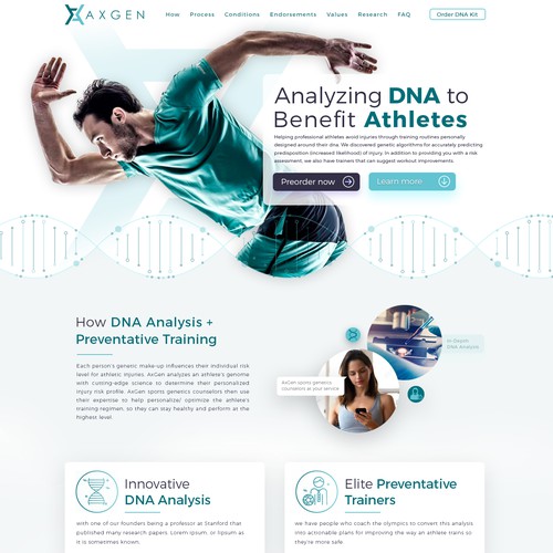 Responsive design with the title 'Landing Page for Athlete DNA Analytics Startup'