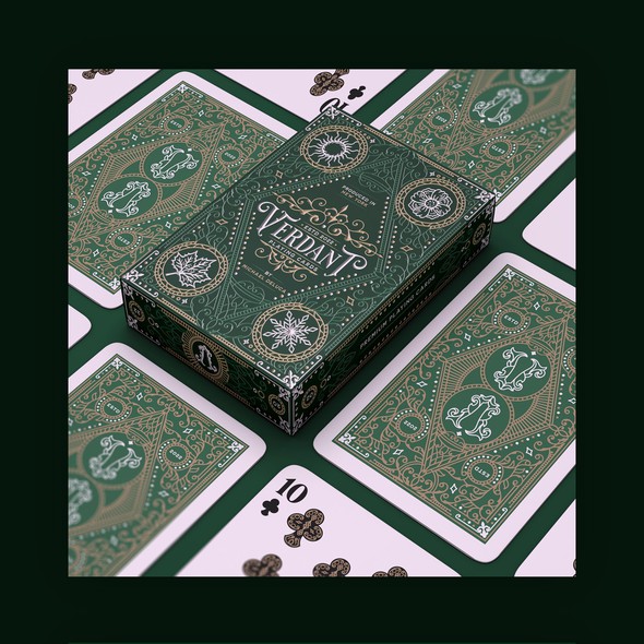 Packaging with the title 'Verdant Playing Cards Tuck Box Design'
