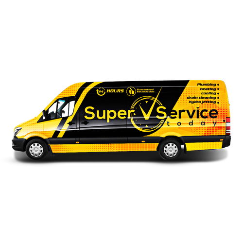 Yellow and black design with the title 'Super Service Today Van wrap design'