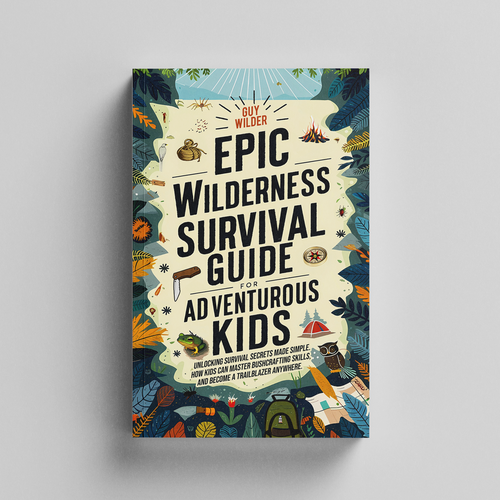 Kids book cover with the title 'Epic Wilderness Survival Guide for Adventurous Kids'