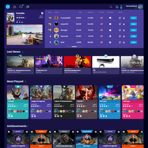 Game website with the title 'Ui for  a Social Network for Games'