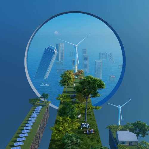 Climate change design with the title 'NFT illustration, Climate Change, Sustainable City'