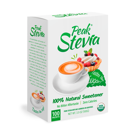 Industrial packaging with the title 'Stevia box for a natural and carefree brand.'