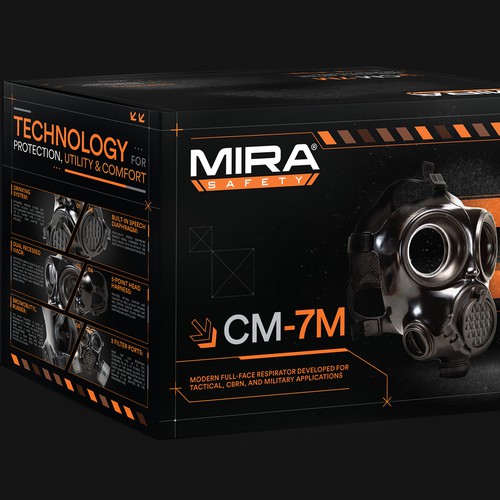 Technology packaging with the title 'Tactical Packaging for MIRA Safety CM-7M Mask'