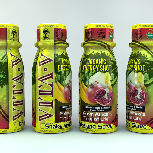 Energy drink design with the title 'Label Design for Vita V Energy Shot'