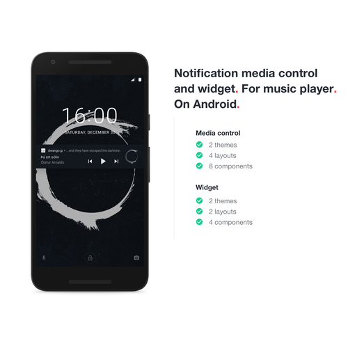 Player design with the title 'Notification Media Control and Widget. For Music Player. On Android 4-8.'