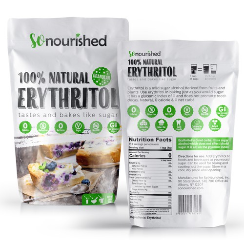 White packaging with the title 'Design Product Packaging Bag for Healthy Sweetener'