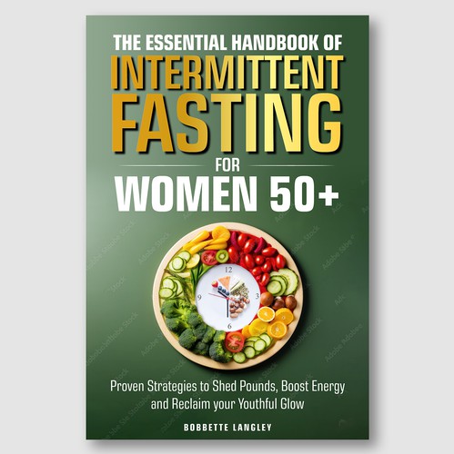 Weight-loss book cover with the title 'Fasting & Wellness Cover – Clock Plate & Green Vitality'