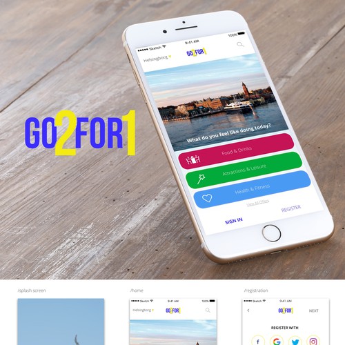 Mirror design with the title 'Winning UI Design for Go2For1 App'