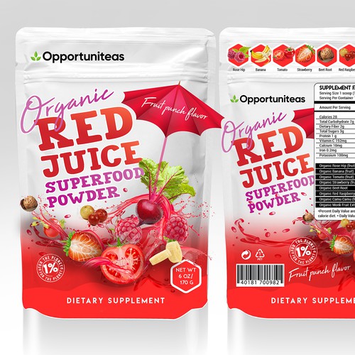 Red packaging with the title 'Organic red juice'