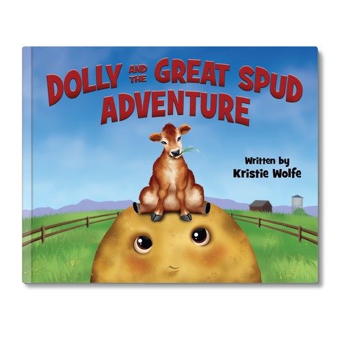 Cow artwork with the title 'Dolly and Great Spud Adventure'