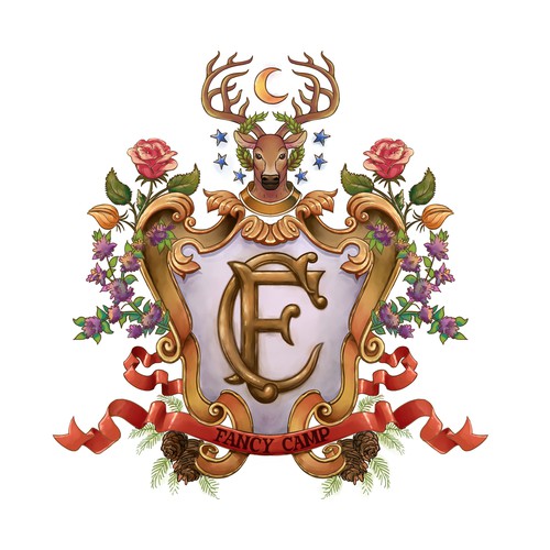 Illustration artwork with the title 'Fancy Camp Crest Design'