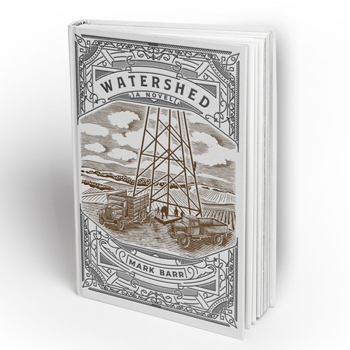 Scratchboard design with the title 'Watershed Book Cover'