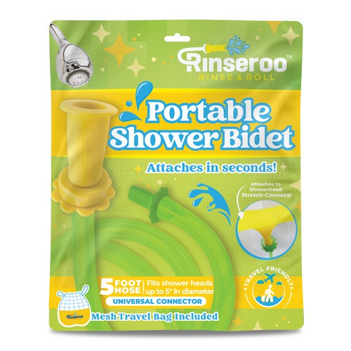 Stand-up pouch packaging with the title 'Bag Design for Daisy Fresh Portable Bidet (by Rinseroo)'