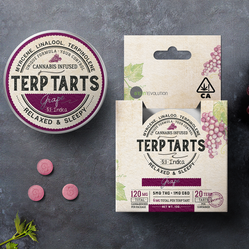 Retail packaging with the title 'Terp Tarts, packaging design'