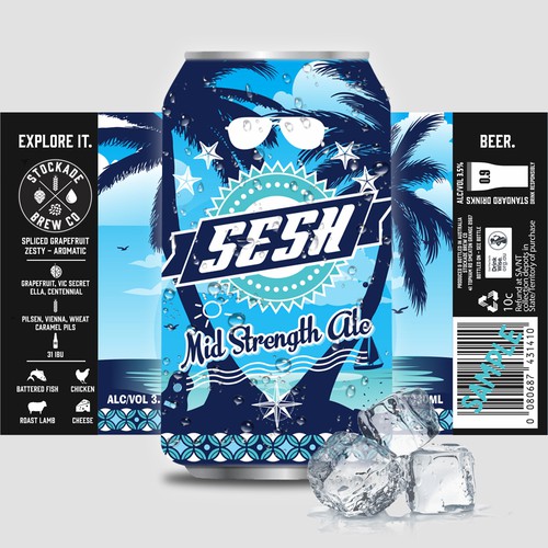 Packaging artwork with the title 'SESH Beer Label Design'