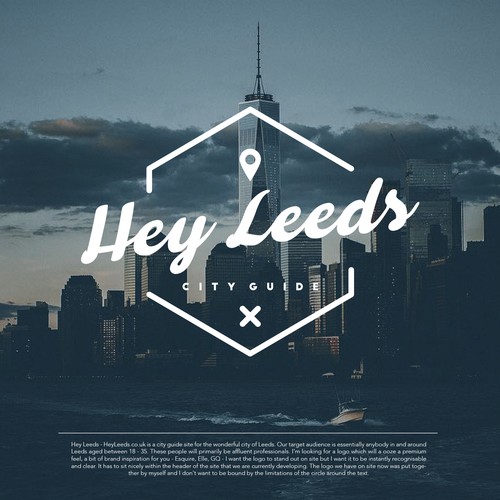 Cityscape logo with the title 'Cursive font Logo design for Hey Leeds City Guide.'