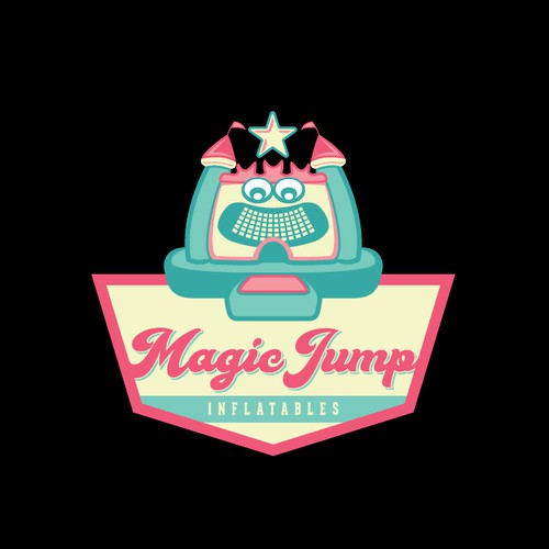 Trampoline logo with the title 'Awesome character logo for inflatable castles company.'