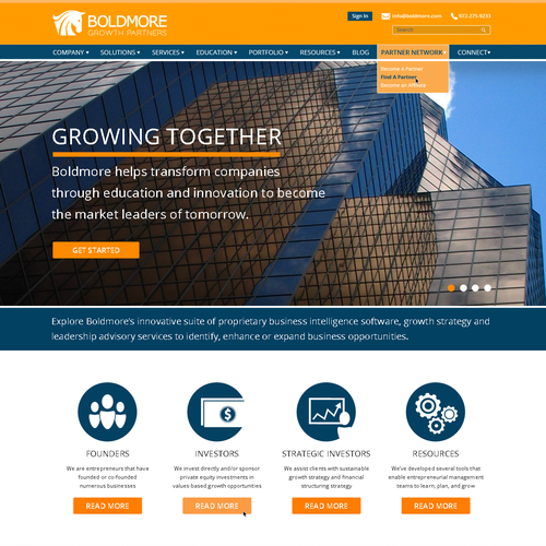 Orange website with the title 'Corporate Modern Site Needed for Business Intelligence Software Company'