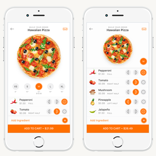 Augmented reality design with the title 'iOS Pizza Ordering App'