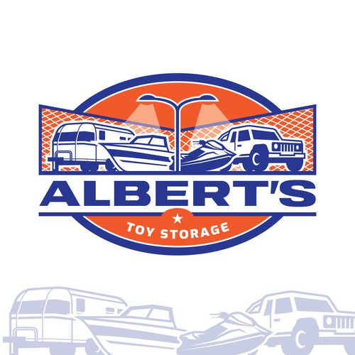 Camper or caravan logo with the title 'Albert's Toy Storage'