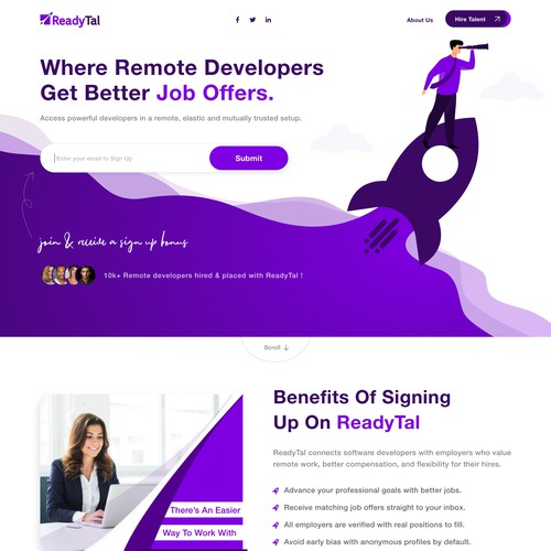 Marketplace website with the title 'ReadyTal - web design for tech hiring marketplace'