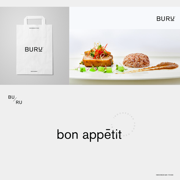 Fusion logo with the title 'Buru, Logo and Brand Identity Design Concept for Modern Fusion Restaurant'
