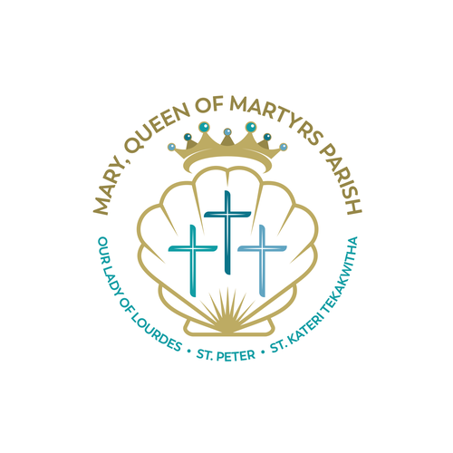 Heart and cross logo with the title 'Mary, Queen of Martyrs Parish'