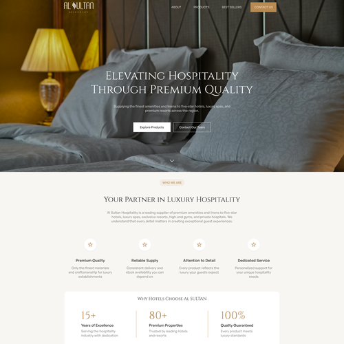 Homepage website with the title 'Modern luxury website layout design for hotel supplies company'