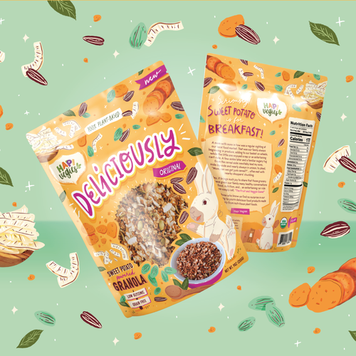 Colorful packaging with the title 'Deliciously granola'
