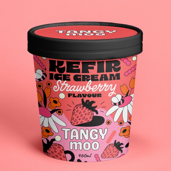 Strawberry packaging with the title 'kefir icecream'
