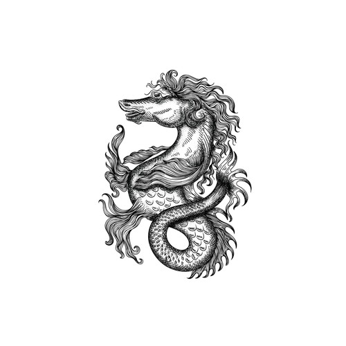 Tattoo artwork with the title 'Vintage seahorse illustration'