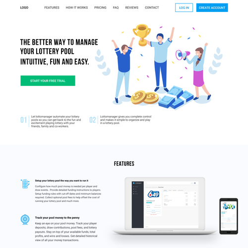 Lottery design with the title 'Home page design for lottomanager.io'