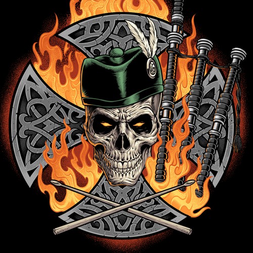 Skull artwork with the title 'Skull Bagpipes'