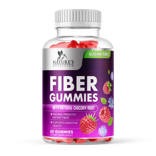 Dietary supplement label with the title 'Fiber Raspberry Gummies Label Design'