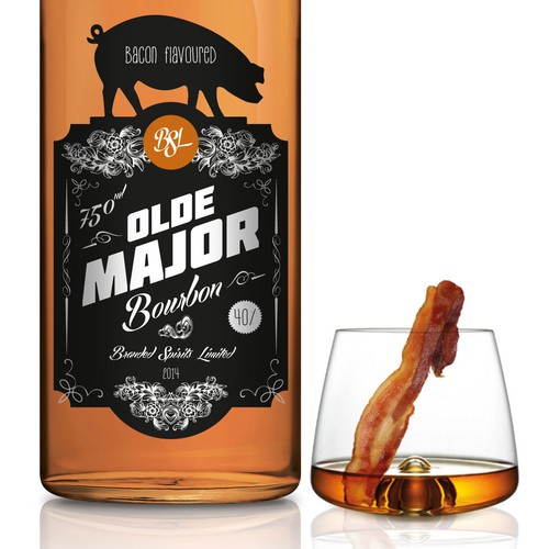 Whiskey packaging with the title 'Bacon Flavored Bourbon Packaging & Label re-Design'
