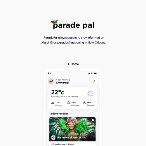 IOS design with the title 'Mobile App Concept for Parade Pal'