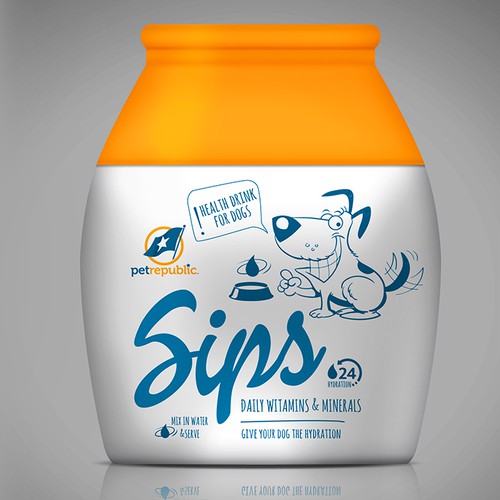 Dog label with the title 'Have a drink with your dog! The first ever vitamin mineral water for dogs.'