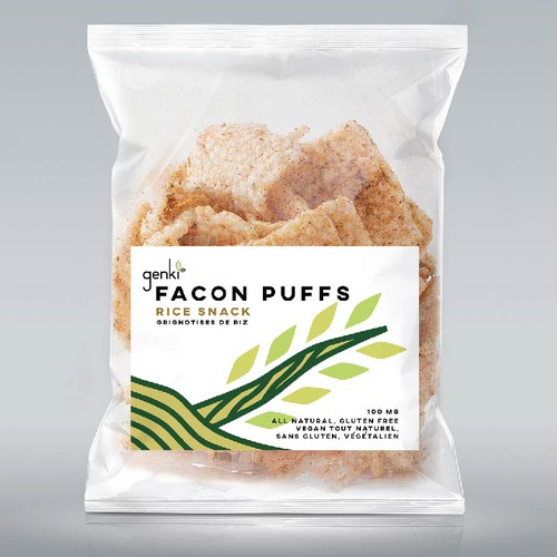 Japanese label with the title 'Label Design for organic rice snack “Facon Puffs”.'