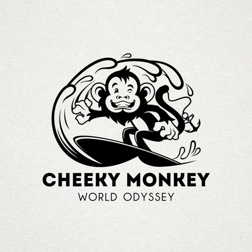 Surfboard design with the title 'Monkey logo for a World Tour on a Boat'
