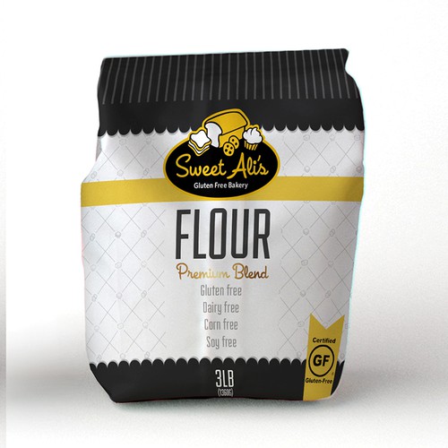 Yellow packaging with the title 'Create a fresh packaging design for Sweet Ali's Gluten Free Bakery!'