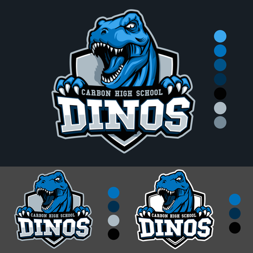 Neon blue safari logo with the title 'Strong and Fierce T-Rex  Mascot Logo Design'
