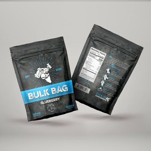 Black packaging with the title 'Blueberry Supplements Stand Up Pouch'