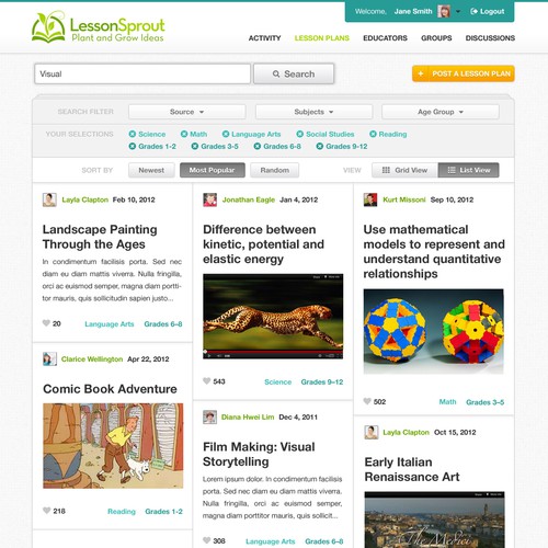 School website with the title 'Create the next website design for LessonSprout'