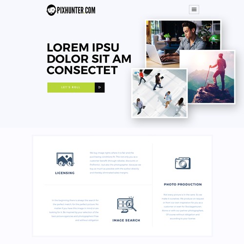 Illustration website with the title 'PIXHUNTER Research and Licensing of Stockphotography'