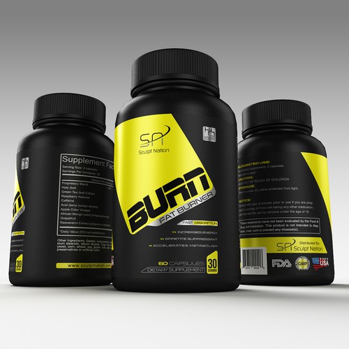 3D label with the title 'burn label design'